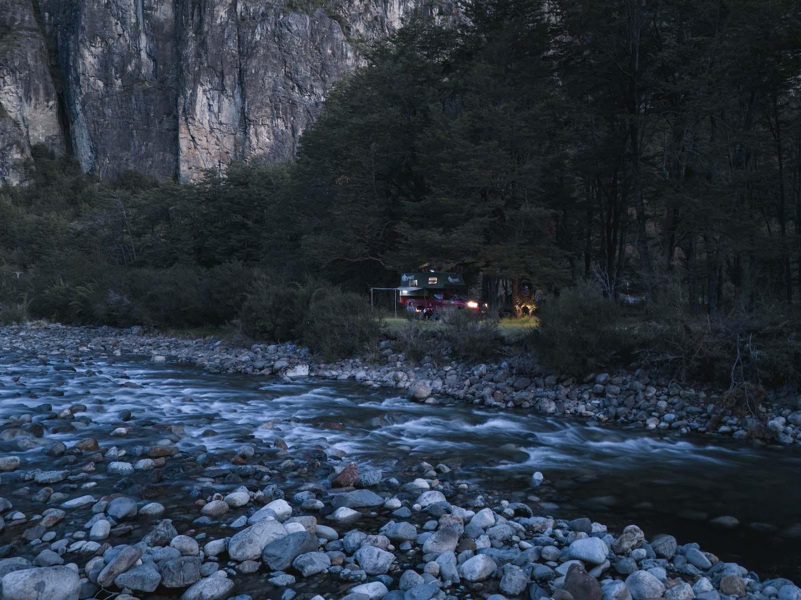 Camper at a quiet campsite in autumn Patagonia